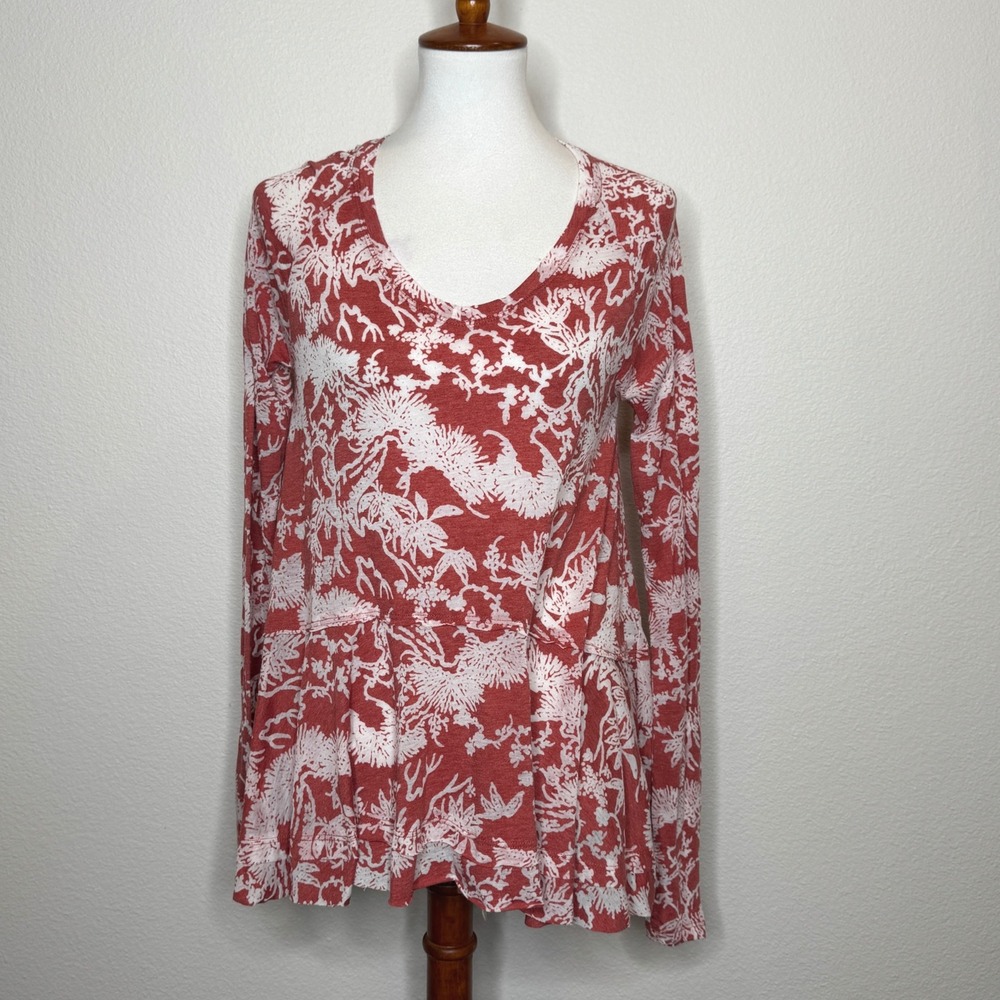 PERUVIAN CONNECTION Burnout Tunic Long Sleeve SMALL Floral Botanical Rust V-Neck